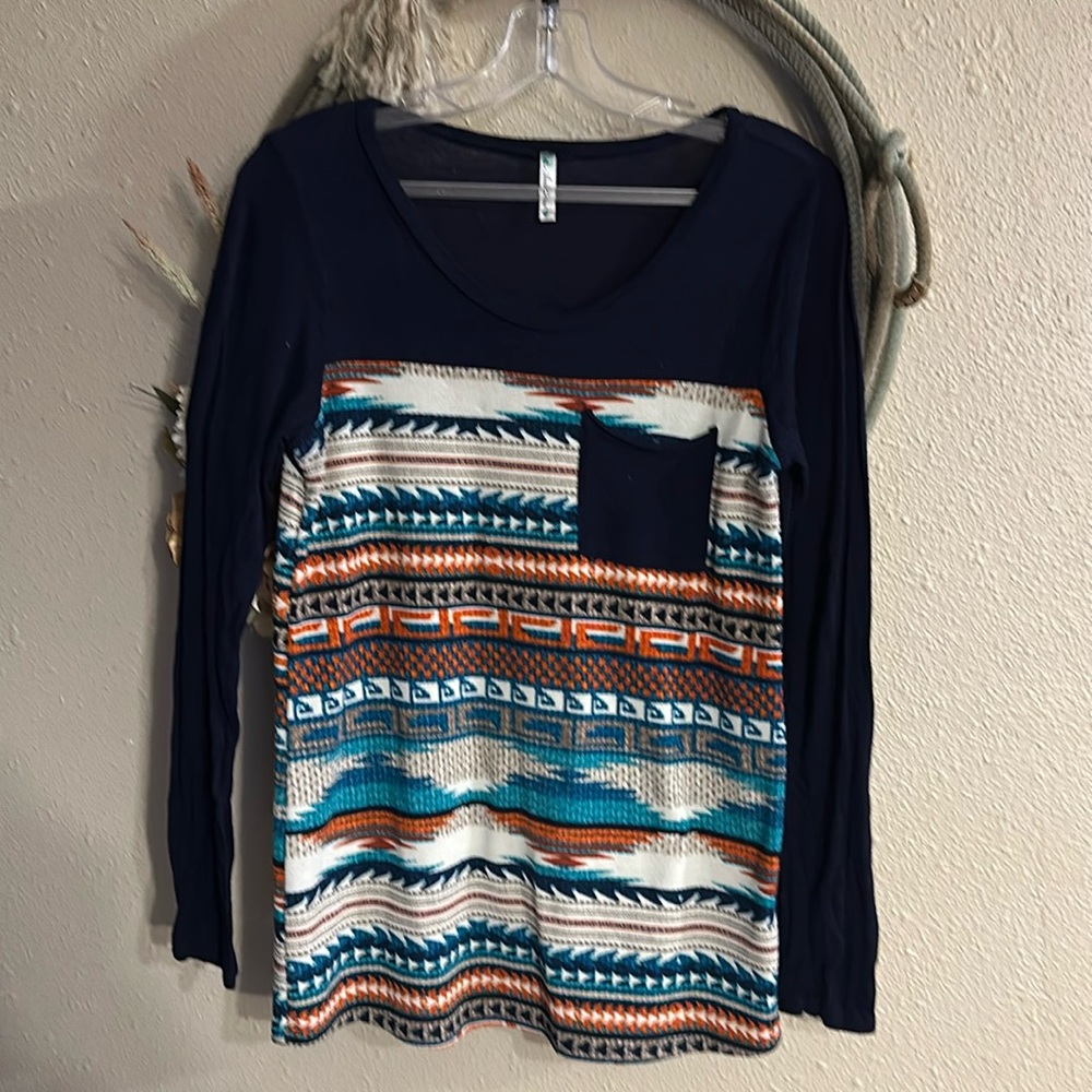Auditions size small Long sleeve shirt navy with Aztec design.